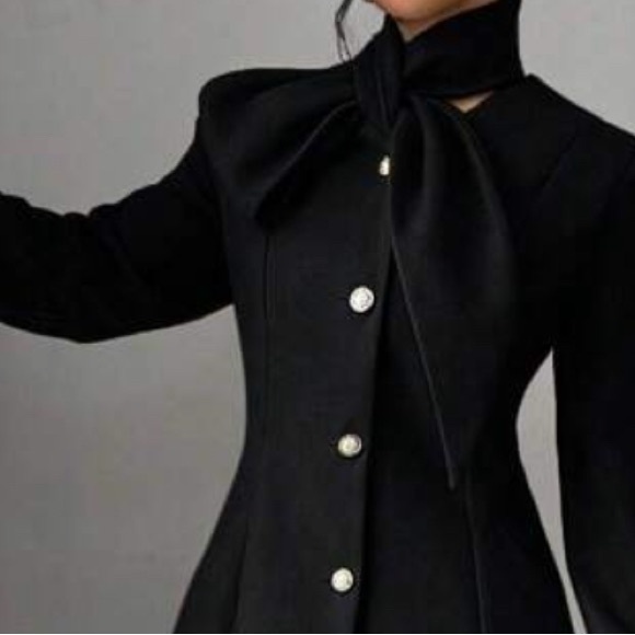 Classic Black Tie Neck Button Pockets Coat Jacket - Picture 5 of 7